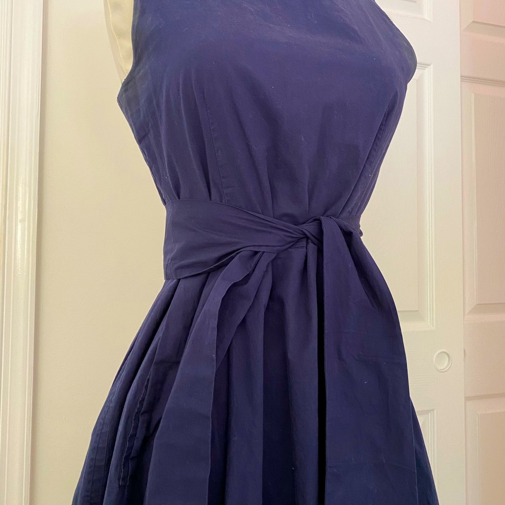 LL Bean Signature Chambray Dress with Removable Tie - Navy Blue Poplin - 2 - Picture 5 of 13